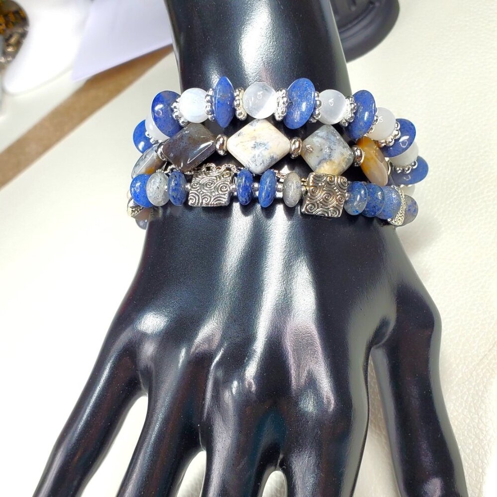 Three Layer Blue Gemstone Bracelet Statement Clus… - image 6